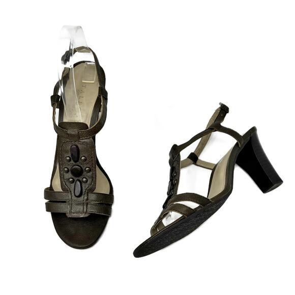 Talbots T-Strap Sandals Wood + Brass Beaded 3" Heels Olive Green sz 8.5 B - Picture 1 of 16